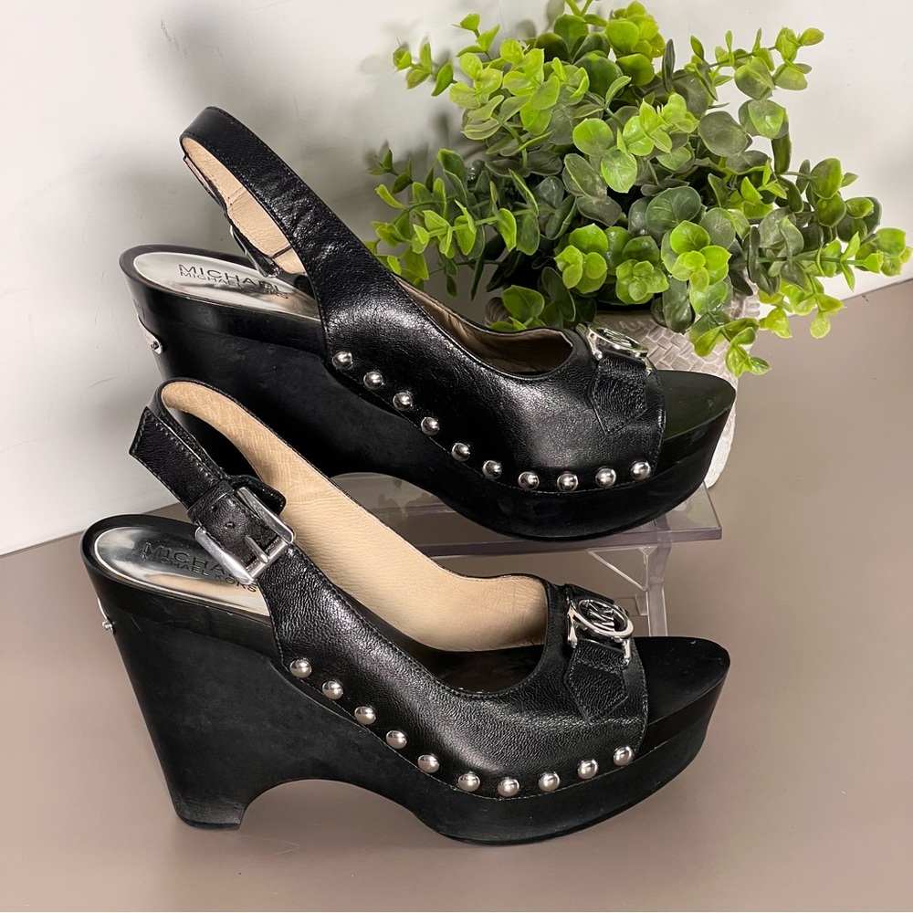 Michael Kors Black Leather Studded Wedge Sandals